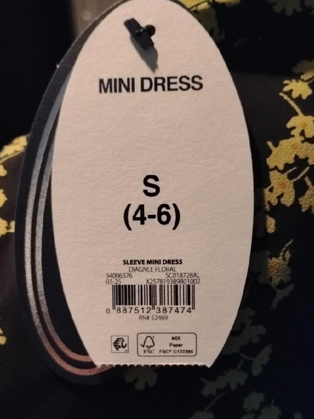 Black Mini Dress with Yellow Floral Print and Neck Tie - Picture 3 of 4